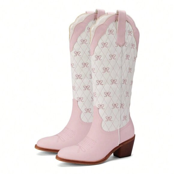 Baby Pink Elegant Women's Knee High Cowboy Boots with Embroidery - Picture 3 of 5